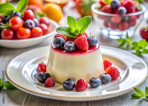 Exquisite Panna Cotta Dessert with Fresh Summer Berries and Fruits - Indulge in this Italian Delight for Food Photography, Culinary Art, and Gastronomy Inspiration