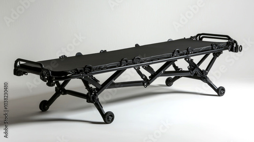 A black stretcher with wheels, folded out, against a white background. photo