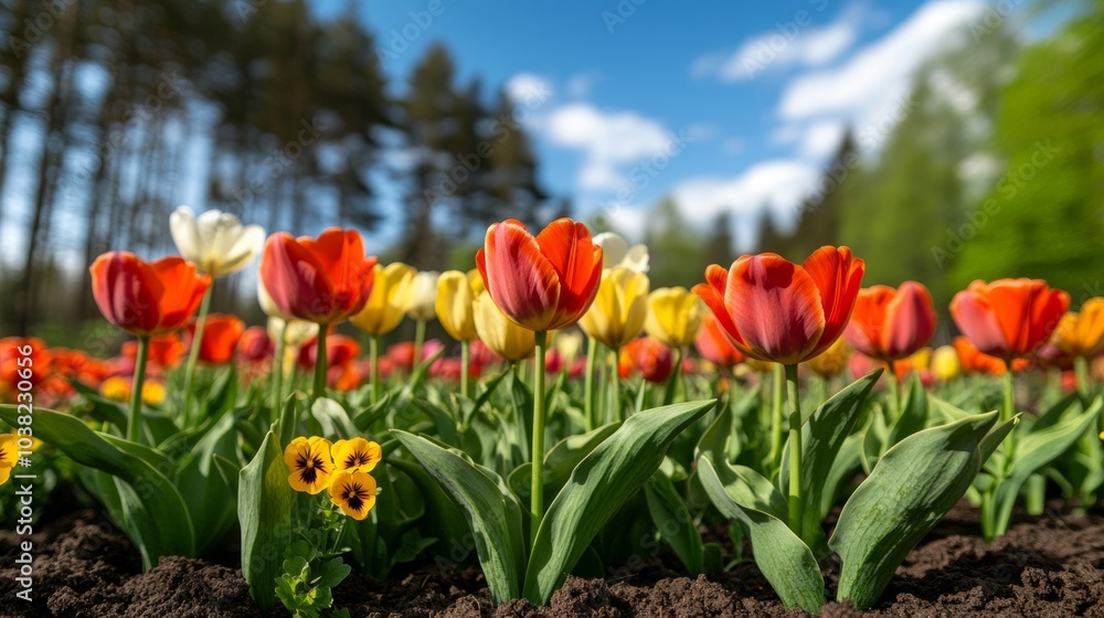 Wide-angle view of a vibrant flower bed filled with tulips and pansies, with a background of tall trees and a bright blue sky Wide-angle view of a vibrant flower bed filled with tulips and pansies, with a background of tall trees and a bright blue sky