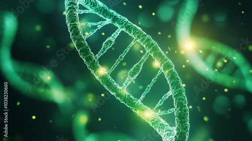 Green DNA strand on a glowing background, representing genetic research and biology.