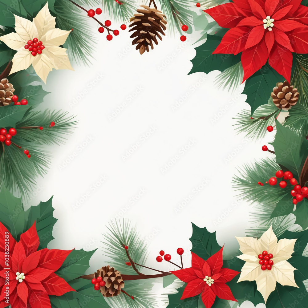 Festive Holiday Border with Pine and Poinsettias Festive Holiday Border with Pine and Poinsettias