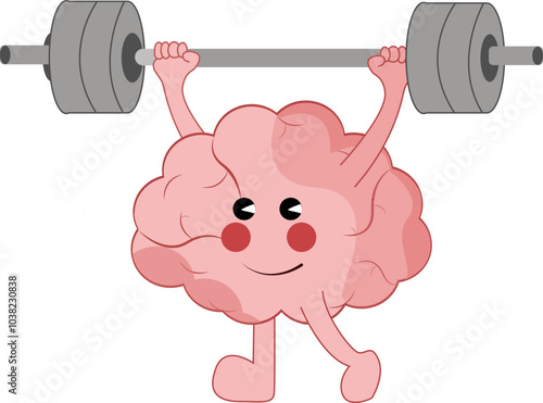 Cute brain do workout with weight lifting, A cute brain Lifting Barbell Weights Illustration, brain character exercising with a barbell professional 