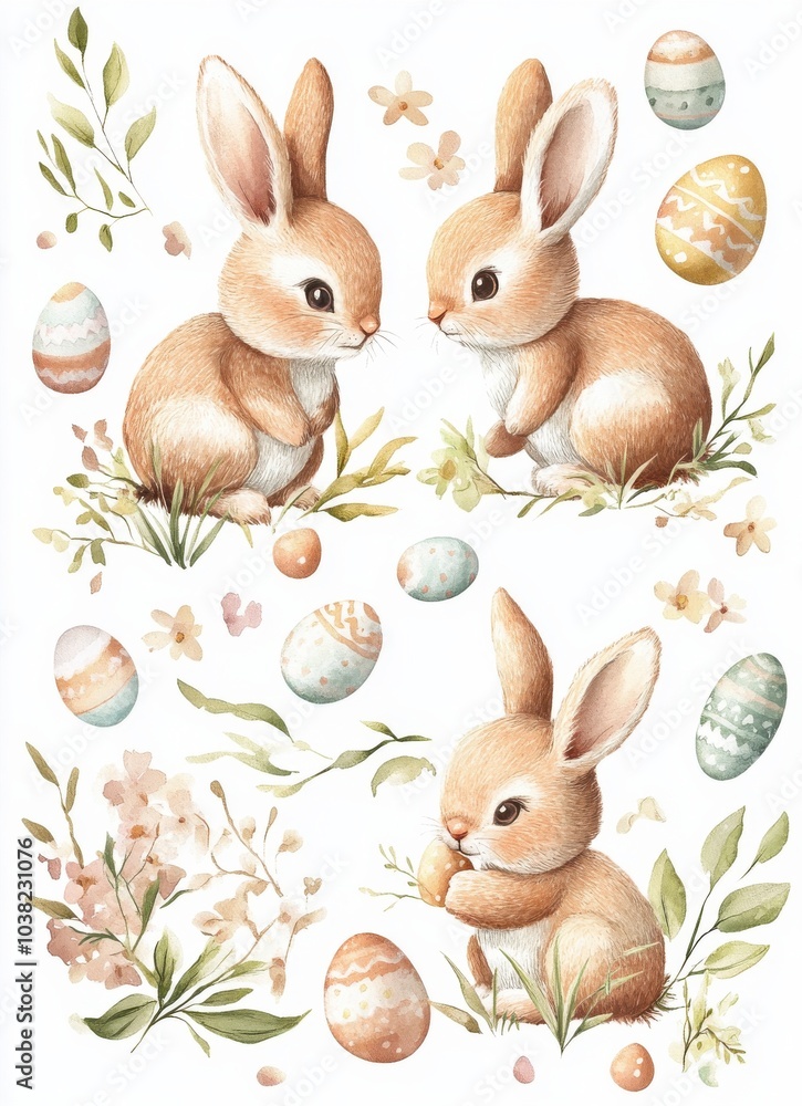 Cute bunnies surrounded by decorated eggs and flowers in a spring-themed illustration Cute bunnies surrounded by decorated eggs and flowers in a spring-themed illustration