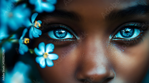 Close-Up Image of a Black Girl with Enchanting Flower Eyes and Cinematic Flair