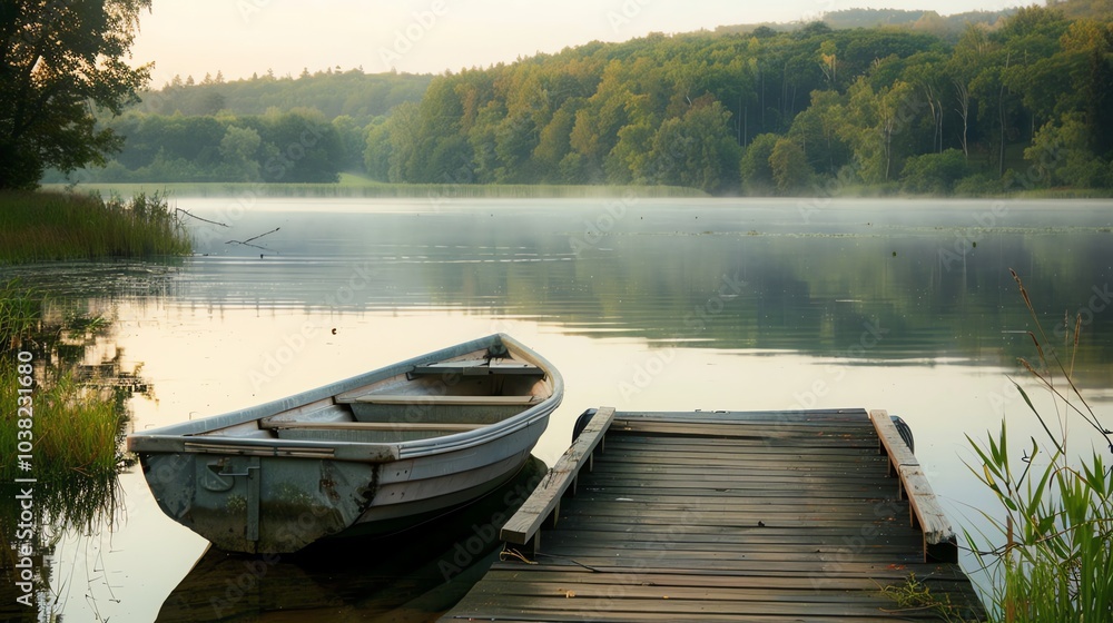 A small rowboat tied to a wooden dock on a still lake in the morning mist. A small rowboat tied to a wooden dock on a still lake in the morning mist.