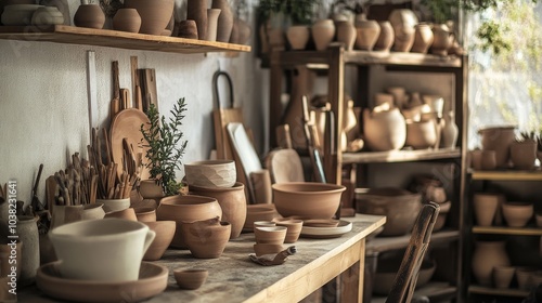 A cozy pottery workshop with pottery tools and artisan clay creations, Pottery tools and creative workshop settings meticulously arranged, Artisan pottery style photo