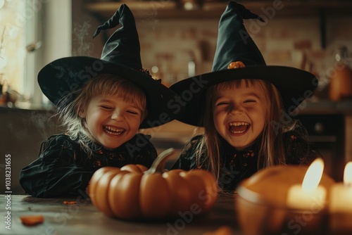 Happy Children in Witch Costumes with Carved Pumpkins Indoors