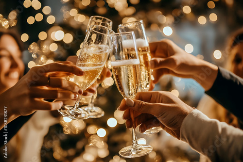 A group of friends toasting with champagne glasses, dressed in formal attire, with a festive background of glittering lights photo