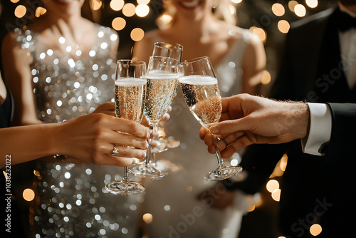 A group of friends toasting with champagne glasses, dressed in formal attire, with a festive background of glittering lights