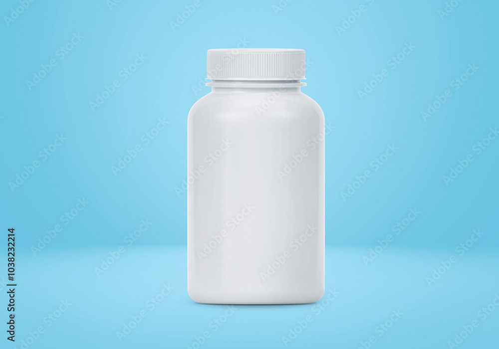 Blank plastic pill bottle on a light blue background Blank plastic pill bottle on a light blue background