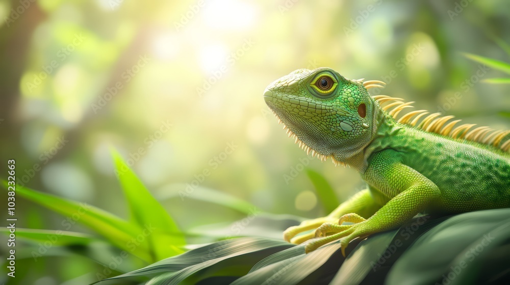 Green lizard resting on a leaf, soft natural light filtering through foliage.