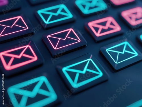 Vibrant Neon Email Icons Representing Digital Communication in Modern Technology