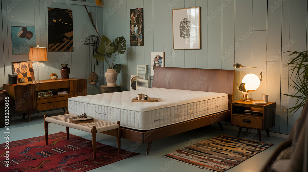 Obraz premiumStylish bedroom featuring a modern bed with a fresh mattress, decorative art, and mid-century furniture in a cozy setting.