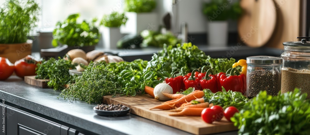 A modern kitchen featuring a colorful array of fresh vegetables and herbs highlighting healthy meal preparation A modern kitchen featuring a colorful array of fresh vegetables and herbs highlighting healthy meal preparation
