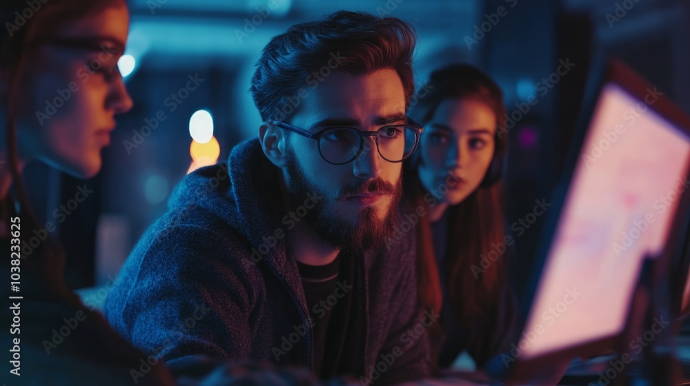 A young man hacker conversing with both male and female coworkers while using a computer in a startup A young man hacker conversing with both male and female coworkers while using a computer in a startup