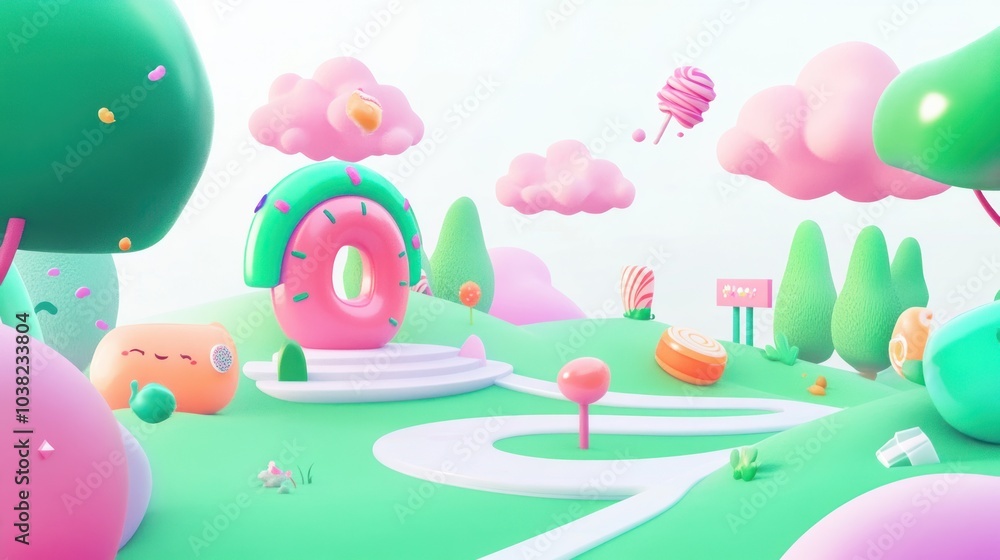 Cute cartoon scenery with pastel color abstract candy mountain shaped cake and green grass many candies scattered around creating fantasy life of child imagination playing Cute cartoon scenery with pastel color abstract candy mountain shaped cake and green grass many candies scattered around creating fantasy life of child imagination playing