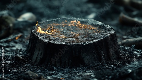 Closeup view of a charred tree stump surrounded by ashes in a devastated forest illustrating the aftermath of a wildfire and its catastrophic effects on the environment and local wildlife photo