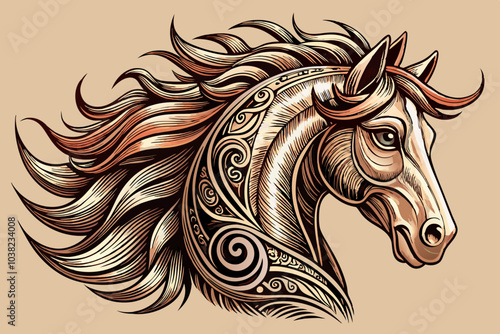 horse head vector with swirling elements around it, vintage aesthetics sketch, tattoo