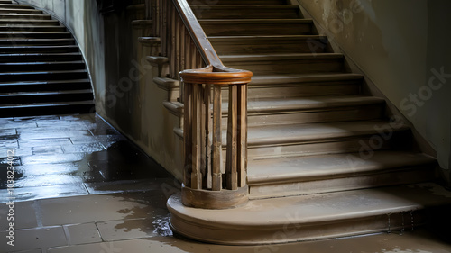 Detailed wooden staircase with a polished banister, showcasing a blend of elegance and historical charm in a softly lit interior.