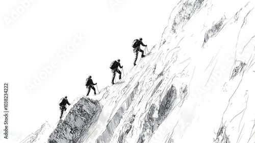 Captivating Adventure of Climbers Conquering a Sheer Snowface with Artistic Line Art Representation photo