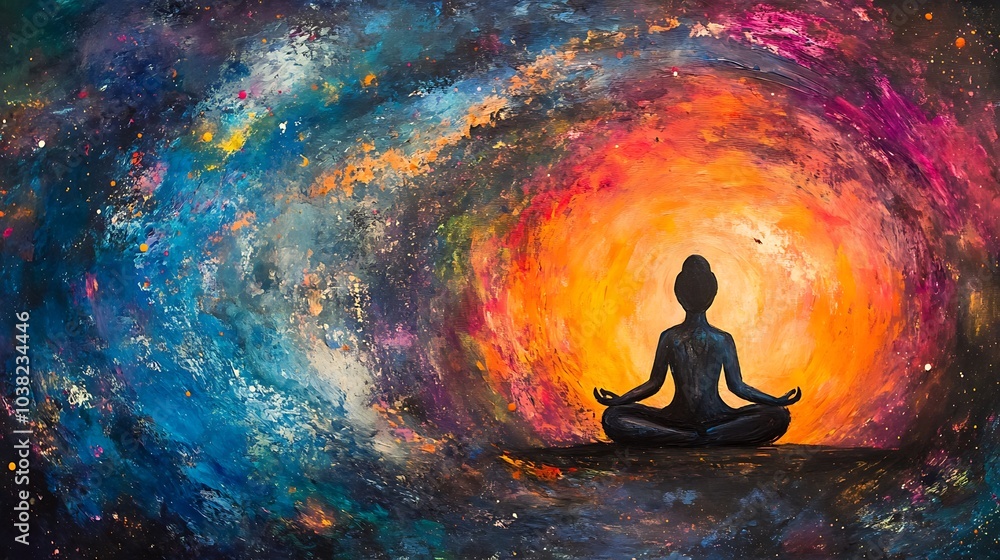 A peaceful figure meditating within a swirl of vibrant energy in a cosmic space A peaceful figure meditating within a swirl of vibrant energy in a cosmic space
