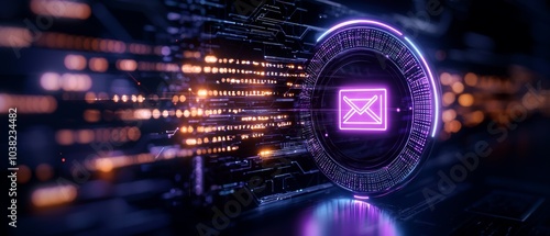 A futuristic graphic representing email communication with glowing elements and vibrant colors, emphasizing digital connectivity.