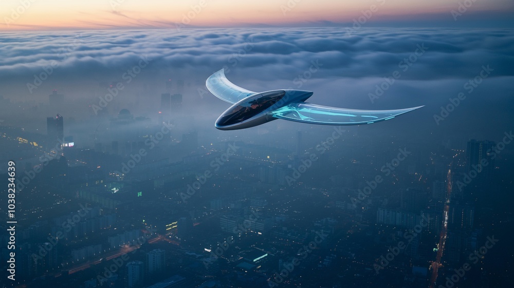 Fototapeta premium Futuristic plane with transparent wings above city lights and clouds