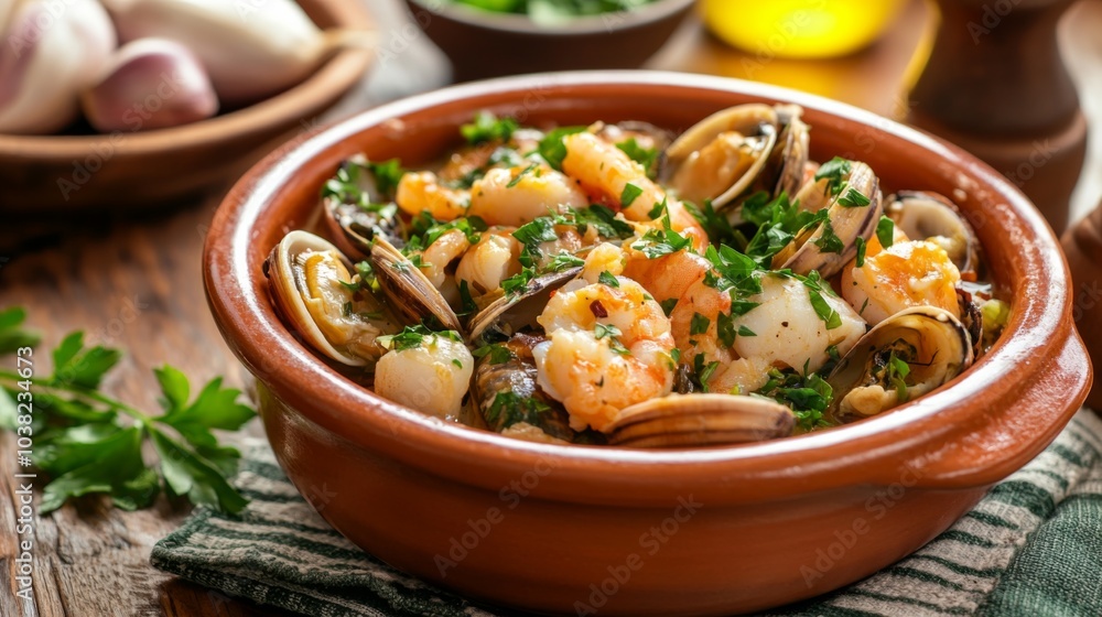 Seafood Dish with Garlic Butter and Parsley Garnish Seafood Dish with Garlic Butter and Parsley Garnish