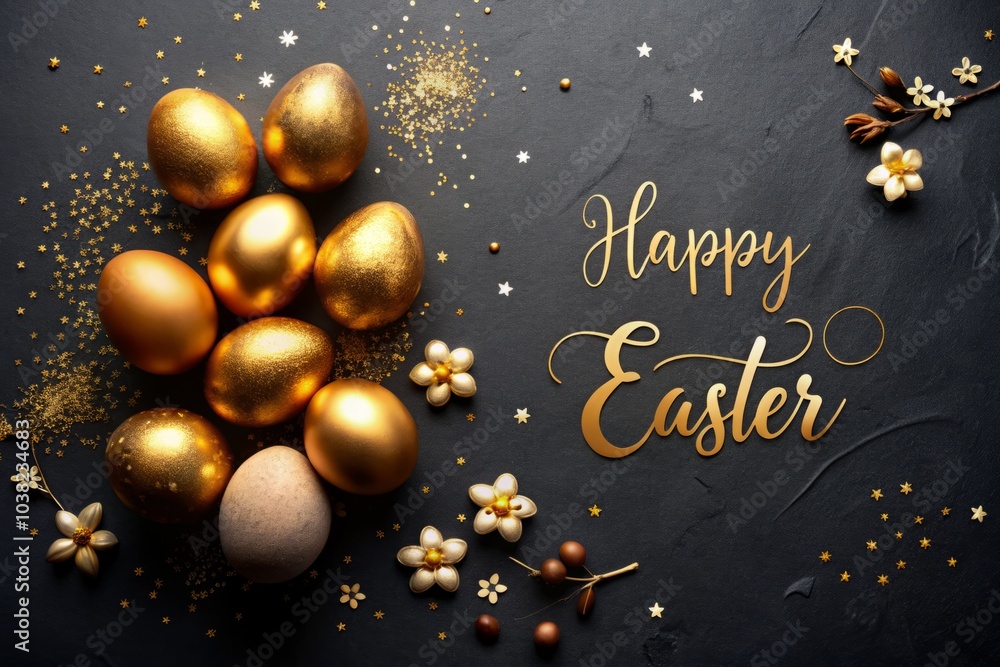 Fototapeta premium Happy Easter Message with Four Golden Eggs on Black Background, Perfect for Spring Celebrations and Festive Greetings, Capturing the Spirit of Easter Joy and Renewal