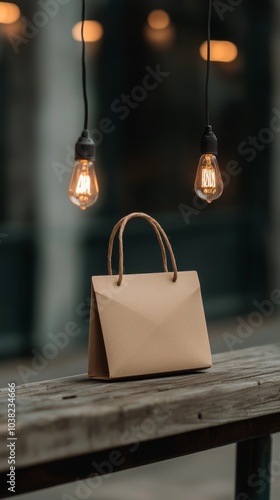 A stylish handbag is displayed on a wooden table, illuminated by two hanging light bulbs, creating a warm and trendy atmosphere.
