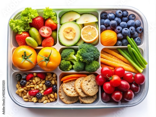 Healthy Lunchbox with Fresh Vegetables, Fruits, and Protein Snacks, Optimized for Meal Prep and Nutrition, Perfect for School or Work, Tilt-Shift Photography Style