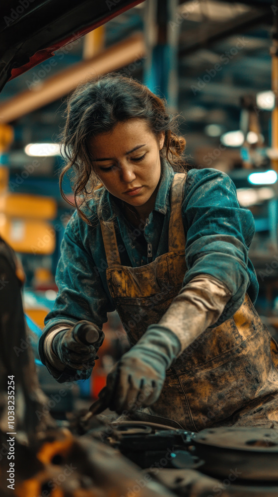 A woman is working on a car engine. She is wearing a blue shirt and apron. Concept of hard work and dedication A woman is working on a car engine. She is wearing a blue shirt and apron. Concept of hard work and dedication