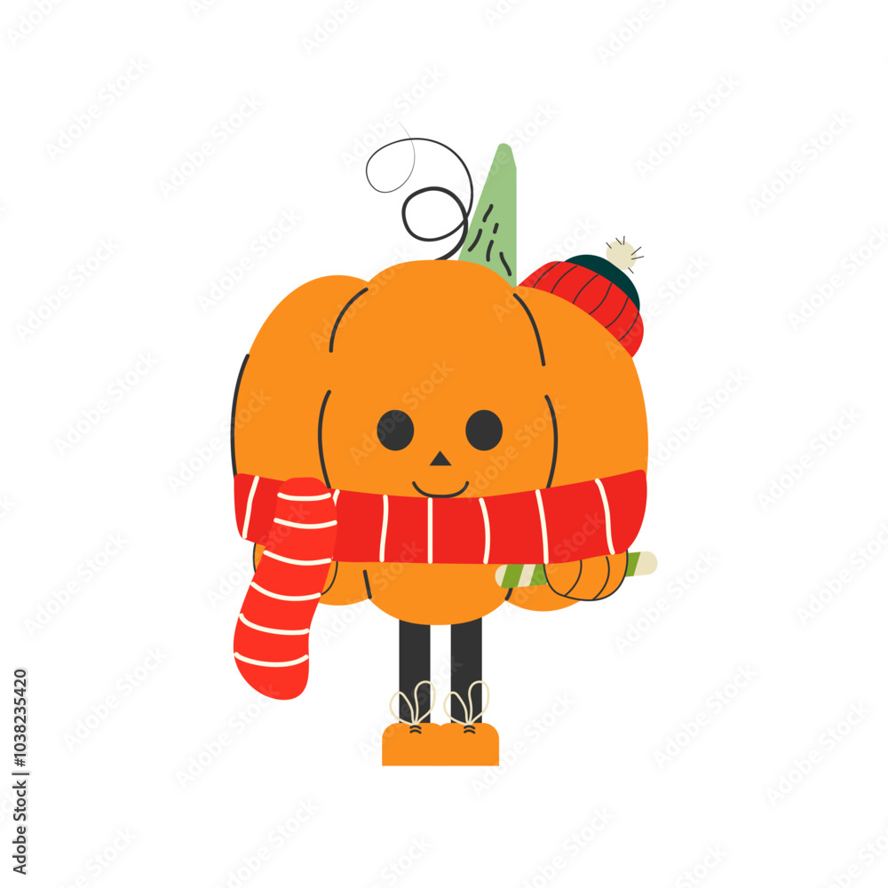 Fototapeta premium Cute, funny cartoon character pumpkin. Isolated on a white background. Flat style. Vector illustration. An element of the Halloween design of a postcard, print, poster.