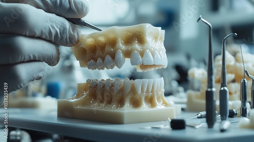 Closeup view of a dental technician skillfully adjusting an articulator in a dental lab surrounded by tools and equipment highlighting the meticulous nature of dental craftsmanship photo