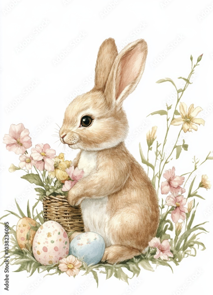 Fototapeta premium Adorable brown bunny holding a basket of colorful Easter eggs surrounded by blooming flowers