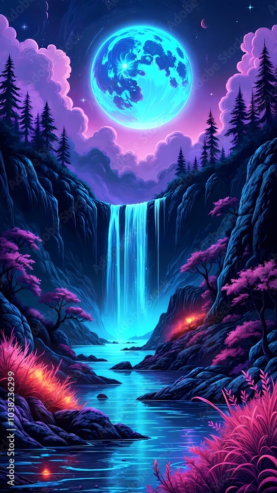Fototapeta premium Synthwave Moonlit Waterfall Surrounded by Neon Glowing Flora