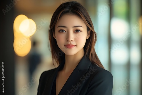 Confident Young Woman in Stylish Business Suit Portrait with Natural Lighting.