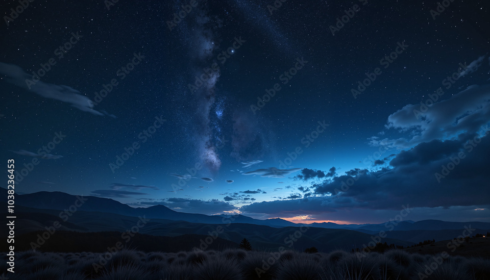 Night sky with Milky Way over mountains at twilight Night sky with Milky Way over mountains at twilight