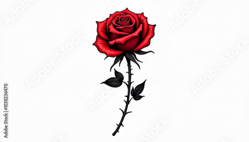 Single red rose with thorny stem on white background