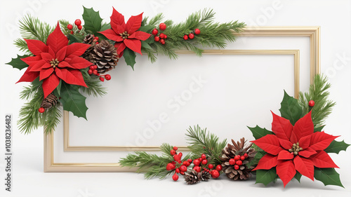 Christmas Card Frame with Red Poinsettias and Pine