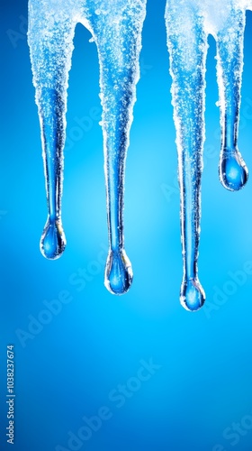 Icicles dripping water against a bright blue background.