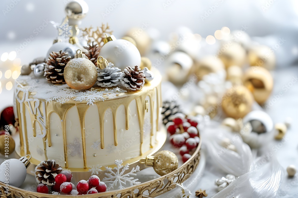 Fototapeta premium Elegant Christmas Cake with Gold Accents and Decorations