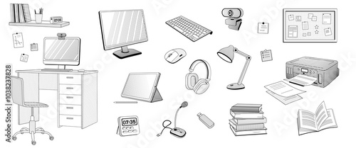 set elements about online learning - keyboard, printer, camera, microphone, tablet, stylus, screen, mouse computer, books, student's desk, lamp, chair