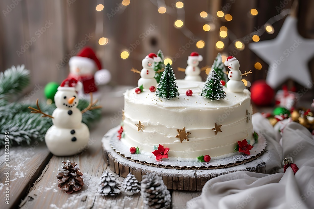 Fototapeta premium Classic Christmas Cake with Frosty Decorations