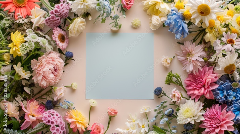 A vibrant arrangement of colorful flowers surrounding a blank square with an elegant backdrop for spring or summer designs A vibrant arrangement of colorful flowers surrounding a blank square with an elegant backdrop for spring or summer designs