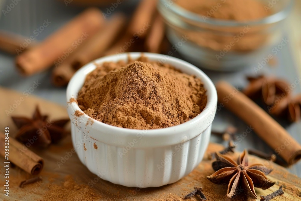 Ground cinnamon is sitting in a small white bowl, surrounded by cinnamon sticks, star anise, and cloves Ground cinnamon is sitting in a small white bowl, surrounded by cinnamon sticks, star anise, and cloves