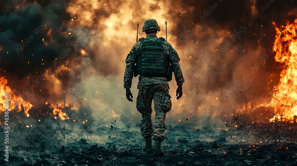A soldier walks towards a raging fire, a dramatic depiction of courage and resilience in the face of adversity. A soldier walks towards a raging fire, a dramatic depiction of courage and resilience in the face of adversity.