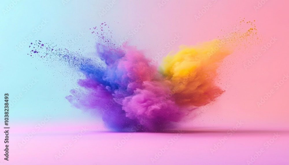 Obraz premium A vibrant explosion of colorful powder creating a dynamic and artistic visual effect against a soft gradient background.