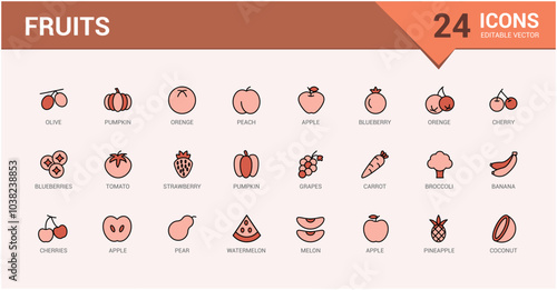 Fruits line colorful icons set, Collection of fruites and berries. Editable stroke. Pixel perfect line and filled color icon pack.