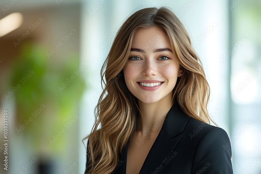 Happy Blonde Businesswoman with Long Hair Smiling in Office Setting Happy Blonde Businesswoman with Long Hair Smiling in Office Setting